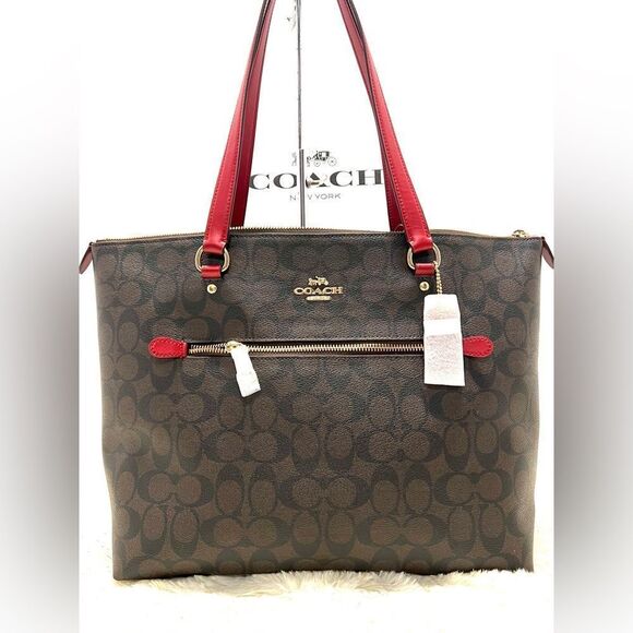 🆕🔥NWT! Coach Sig Large Gallery Tote Handbag Brown/Red Msrp:$350.00 - Picture 1 of 8